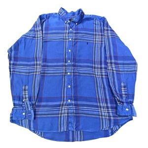 Ralph Lauren Linen Shirt Men 2XLT Blue Plaid Striped Classic Untucked Fit Summer